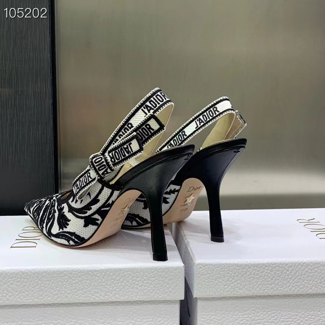 Dior CD Women J’Adior Slingback Pump Black White Ornamental Cotton Cornely Embroidery