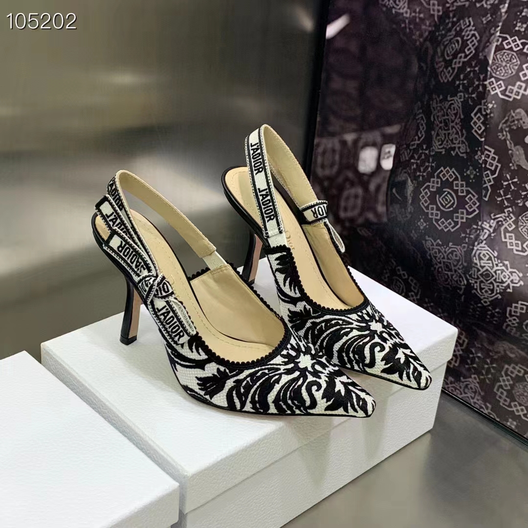 Dior CD Women J’Adior Slingback Pump Black White Ornamental Cotton Cornely Embroidery