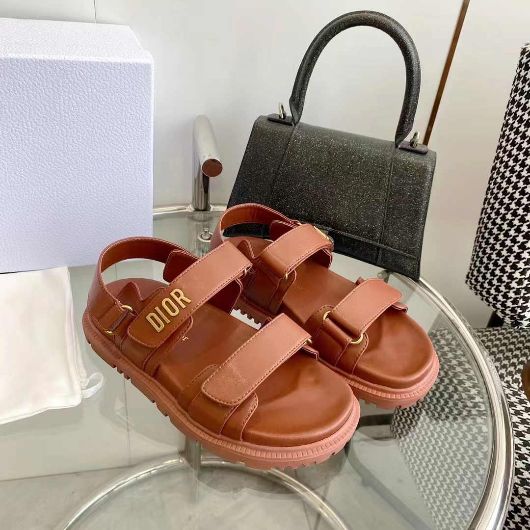 Dior Unisex Shoes DiorAct Sandal Cognac-Colored Lambskin Gold-Finish Metal DIOR Signature