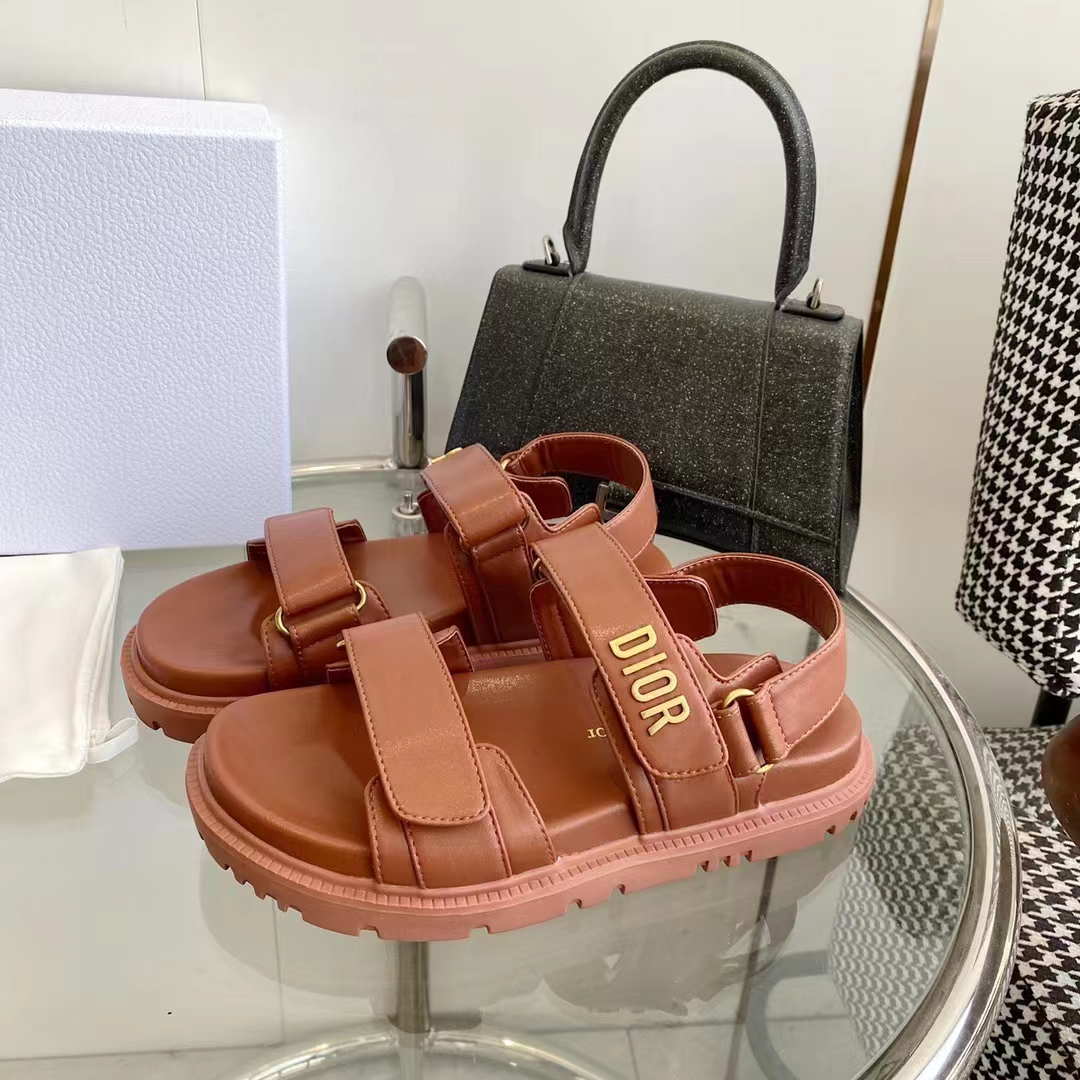 Dior Unisex Shoes DiorAct Sandal Cognac-Colored Lambskin Gold-Finish Metal DIOR Signature