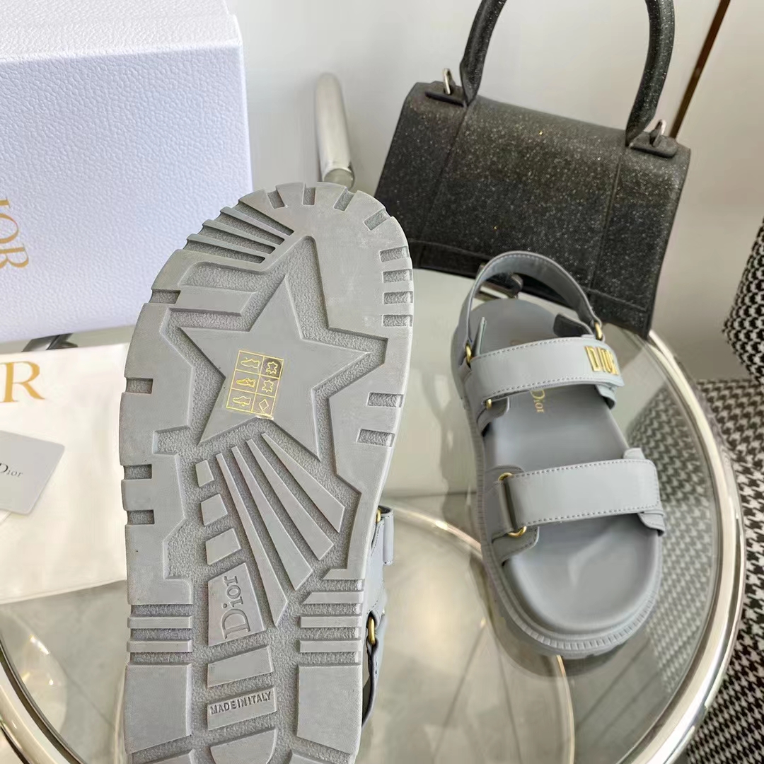 Dior Unisex Shoes DiorAct Sandal Gray Lambskin Gold-Finish Metal DIOR Signature