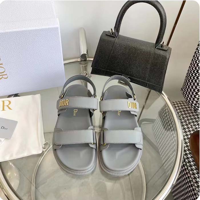 Dior Unisex Shoes DiorAct Sandal Gray Lambskin Gold-Finish Metal DIOR Signature