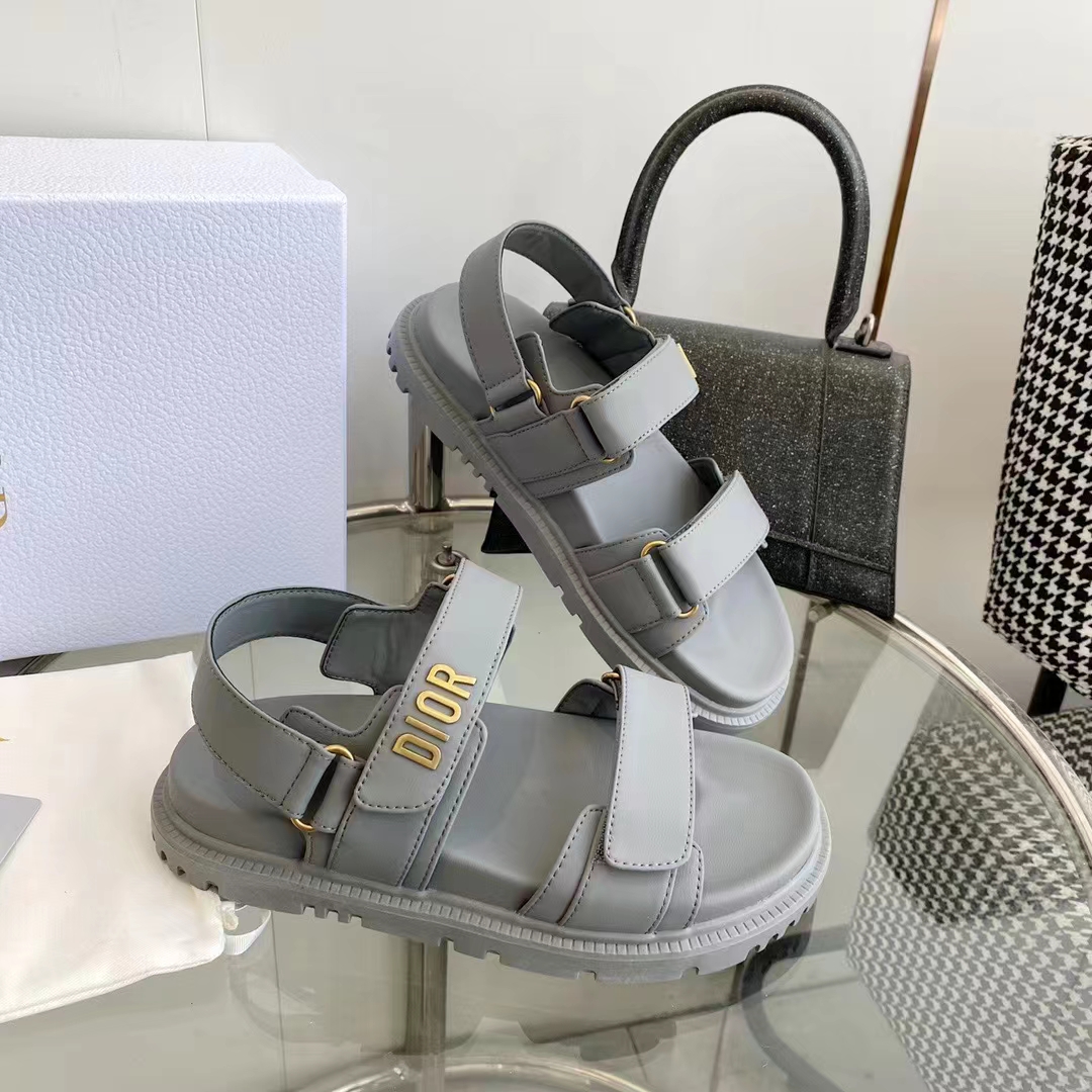 Dior Unisex Shoes DiorAct Sandal Gray Lambskin Gold-Finish Metal DIOR Signature