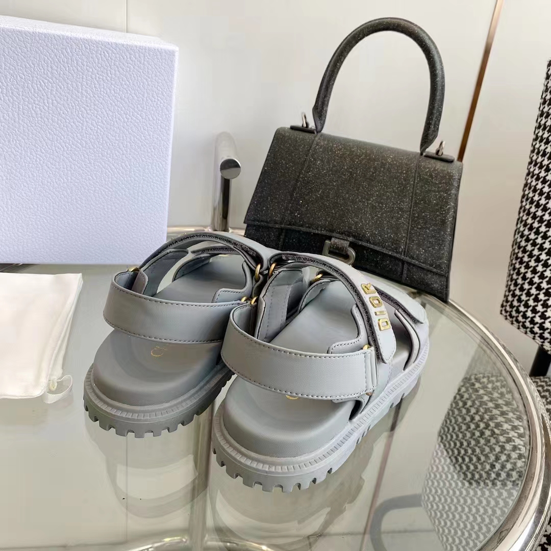 Dior Unisex Shoes DiorAct Sandal Gray Lambskin Gold-Finish Metal DIOR Signature
