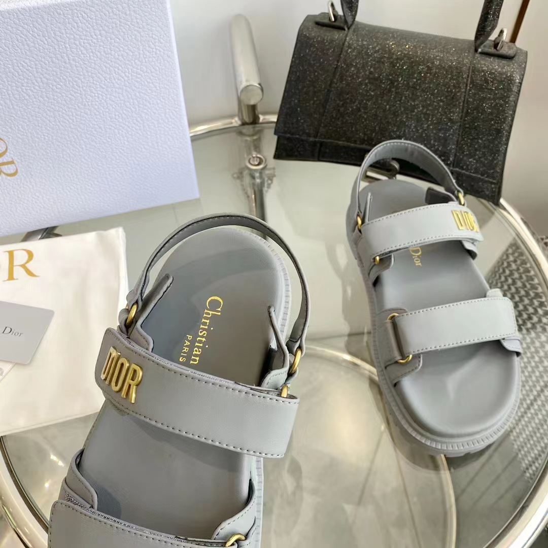 Dior Unisex Shoes DiorAct Sandal Gray Lambskin Gold-Finish Metal DIOR Signature