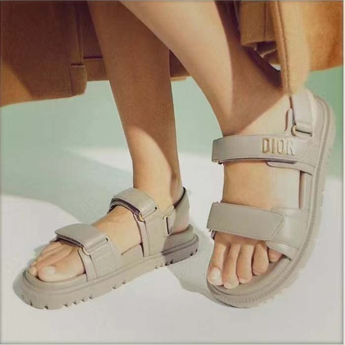 Dior Unisex Shoes DiorAct Sandal Gray Lambskin Gold-Finish Metal DIOR Signature