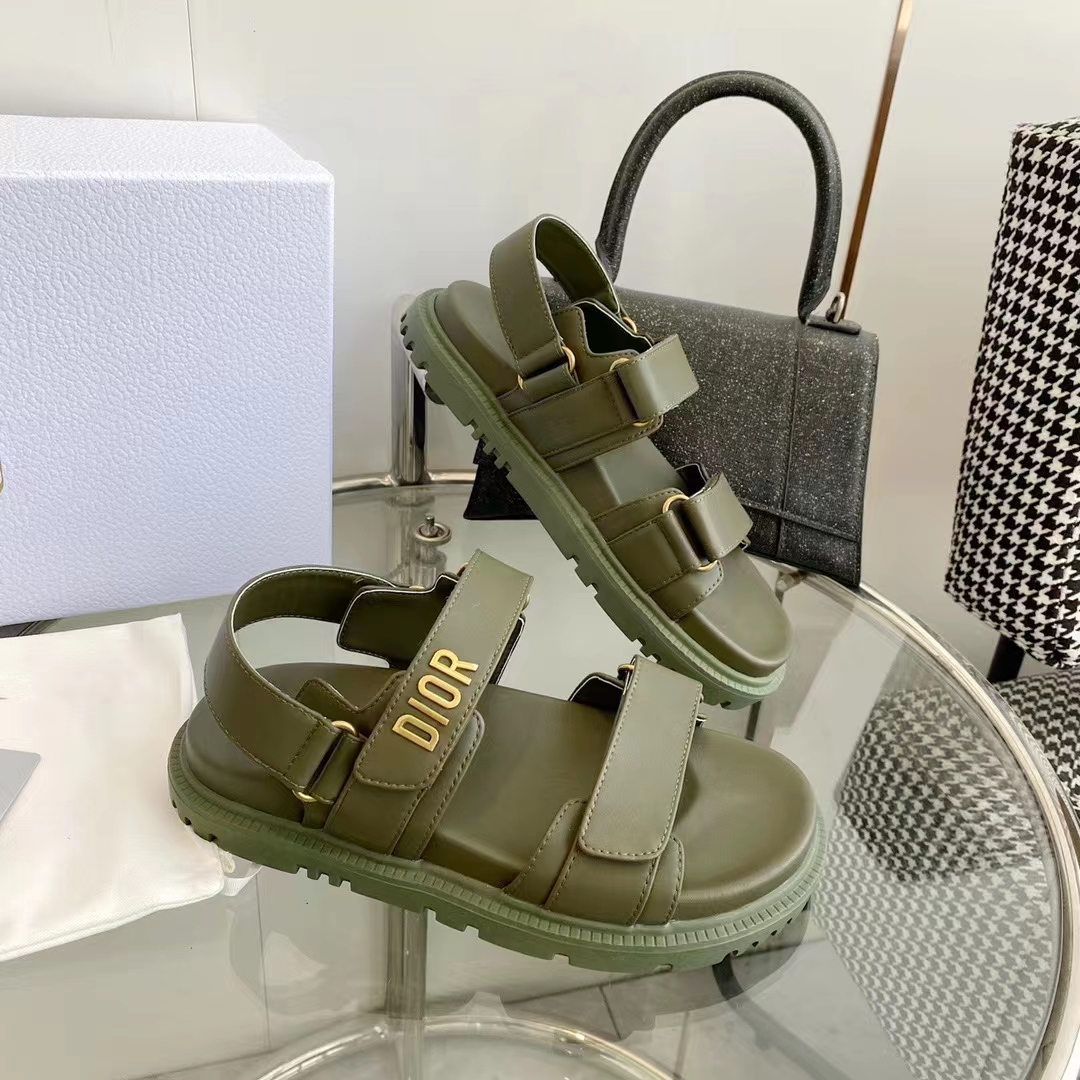 Dior Unisex Shoes DiorAct Sandal Khaki Lambskin Gold-Finish Metal DIOR Signature