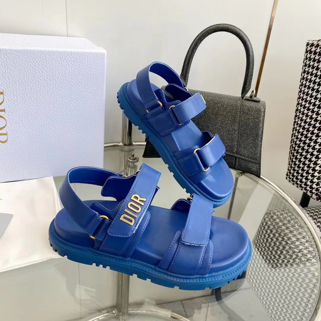 Dior Unisex Shoes DiorAct Sandal Royal Blue Lambskin Gold-Finish Metal DIOR Signature
