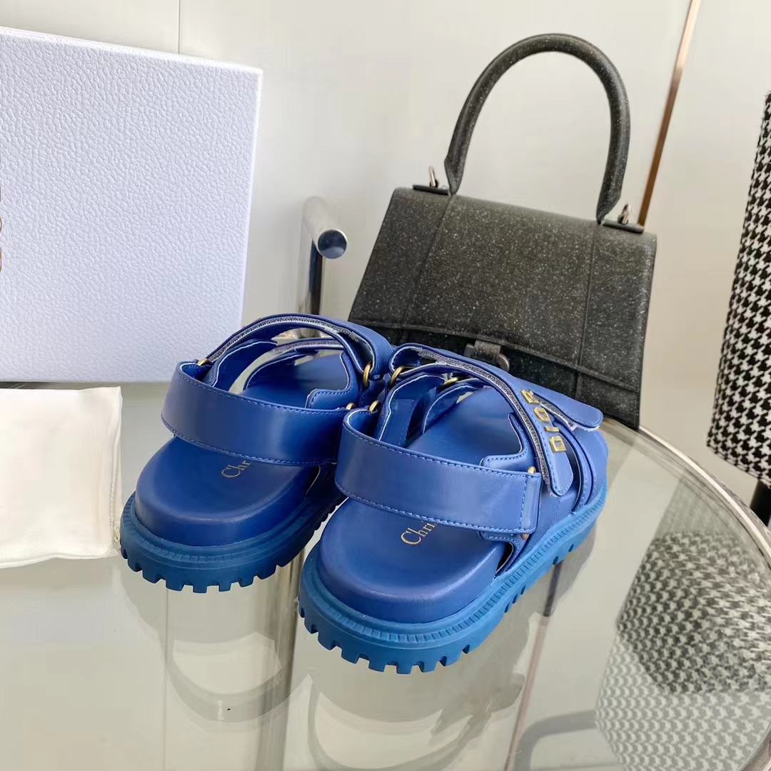 Dior Unisex Shoes DiorAct Sandal Royal Blue Lambskin Gold-Finish Metal DIOR Signature
