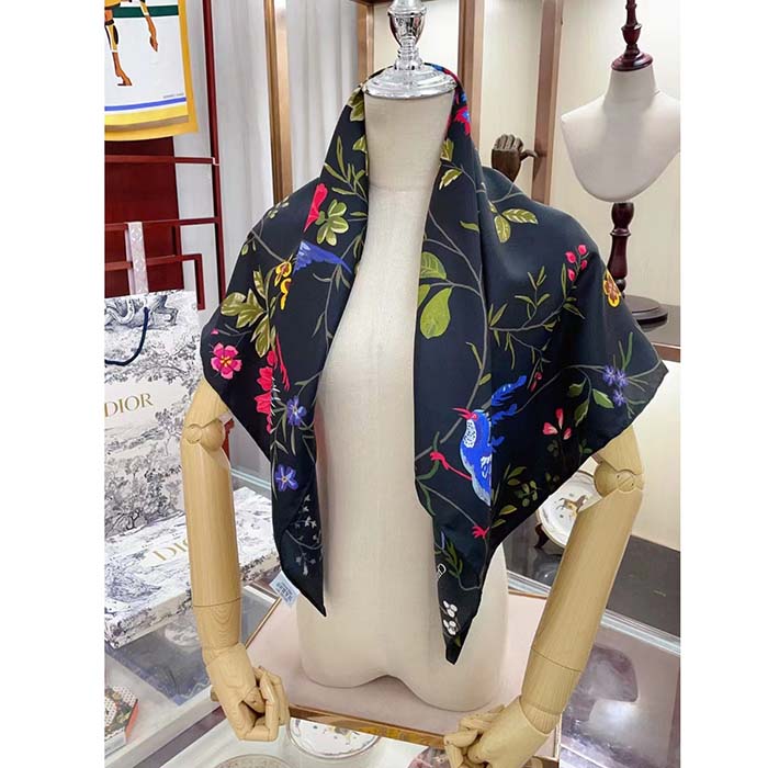 Dior Women CD Dior Birds 90 Square Scarf Black Multicolor Silk Twill