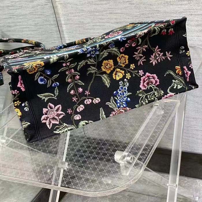Dior Women CD Large Book Tote Black Multicolor Dior Petites Fleurs Embroidery