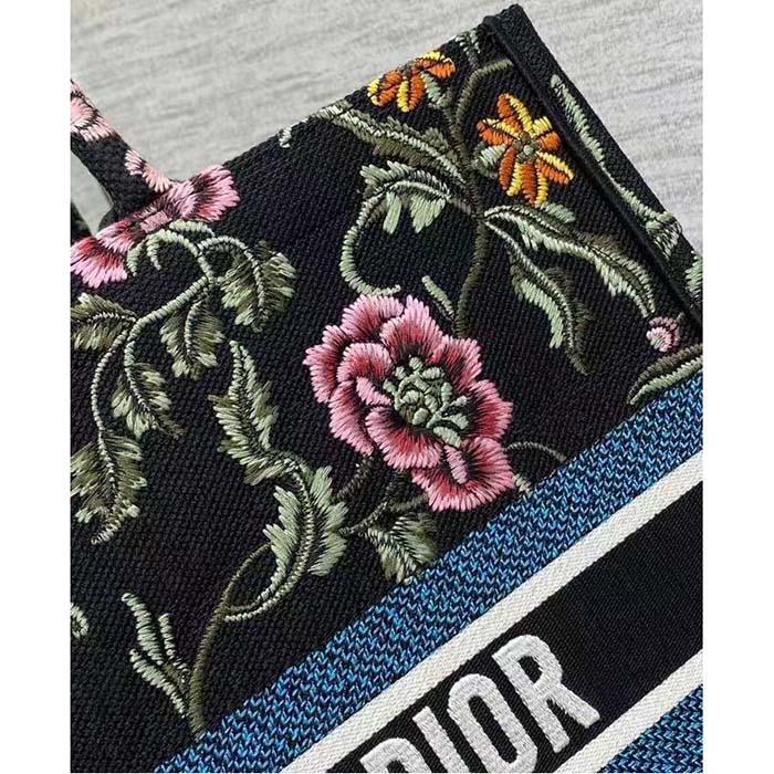Dior Women CD Large Book Tote Black Multicolor Dior Petites Fleurs Embroidery