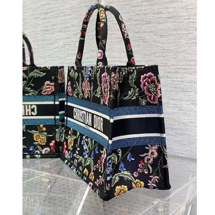 Dior Women CD Medium Book Tote Black Multicolor Dior Petites Fleurs Embroidery