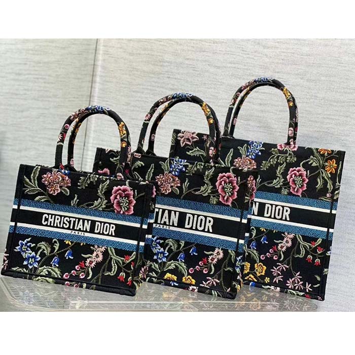 Dior Women CD Medium Book Tote Black Multicolor Dior Petites Fleurs Embroidery