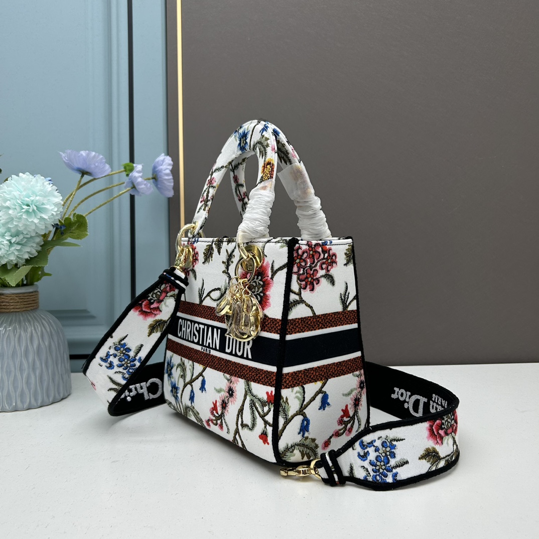Dior Women CD Medium Lady D-Lite Bag White Multicolor Dior Petites Fleurs Embroidery