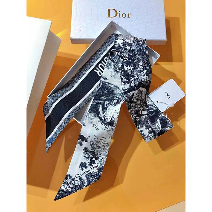 Dior Women CD Toile De Jouy Sauvage Mitzah Scarf Ivory Navy Blue Silk Twill
