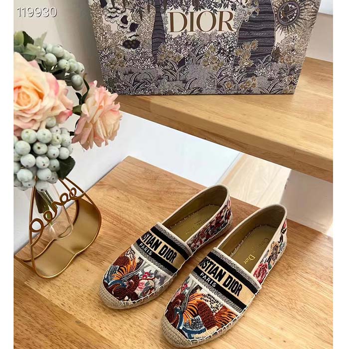 Dior Women Granville Espadrille White Multicolor Jardin D’Hiver Embroidered Cotton