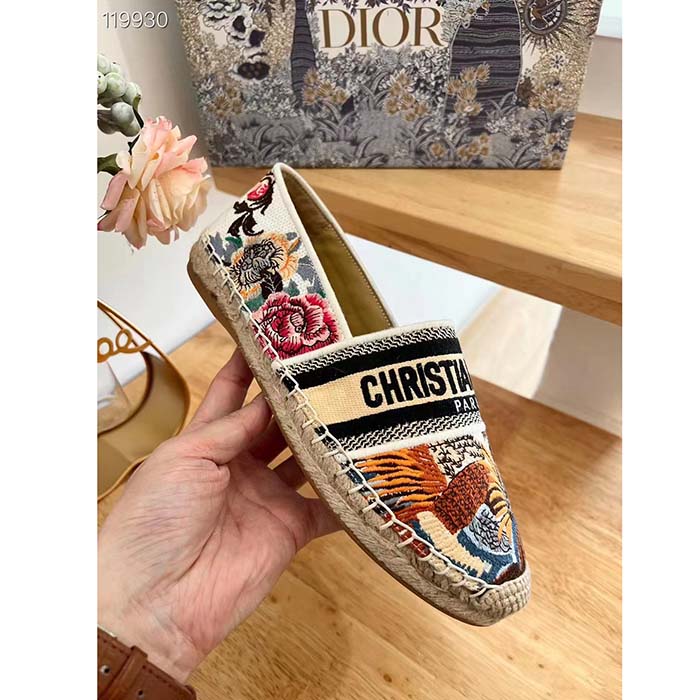 Dior Women Granville Espadrille White Multicolor Jardin D’Hiver Embroidered Cotton