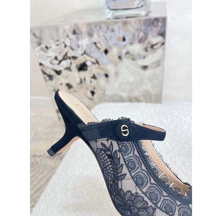Dior Women Shoes CD Capture Heeled Mule Black Transparent Mesh Suede Embroidered Roses