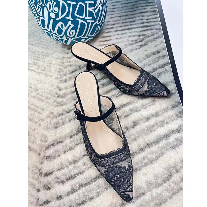 Dior Women Shoes CD Capture Heeled Mule Black Transparent Mesh Suede Embroidered Roses
