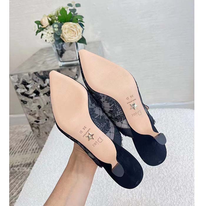 Dior Women Shoes CD Capture Heeled Mule Black Transparent Mesh Suede Embroidered Roses