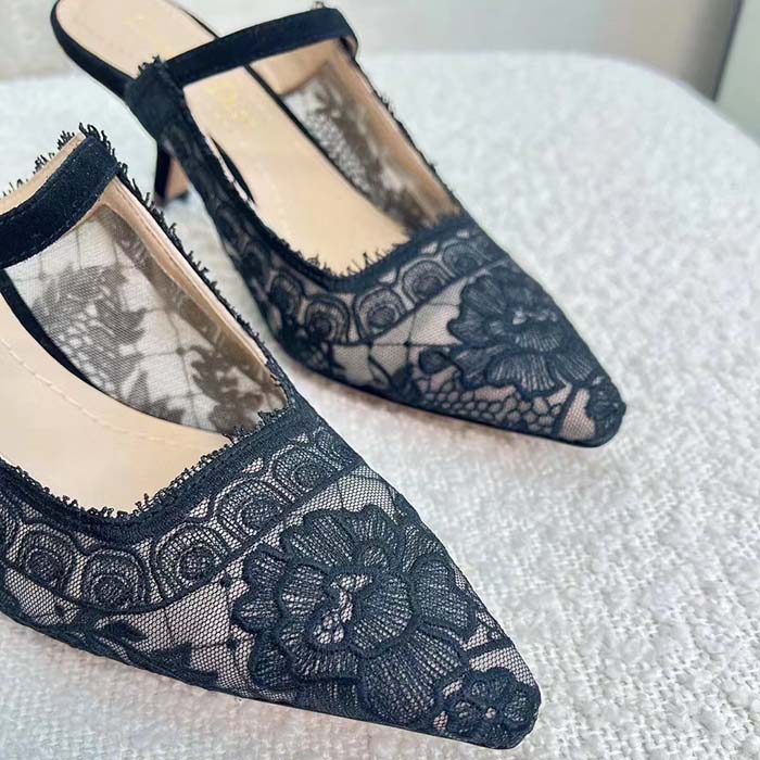 Dior Women Shoes CD Capture Heeled Mule Black Transparent Mesh Suede Embroidered Roses