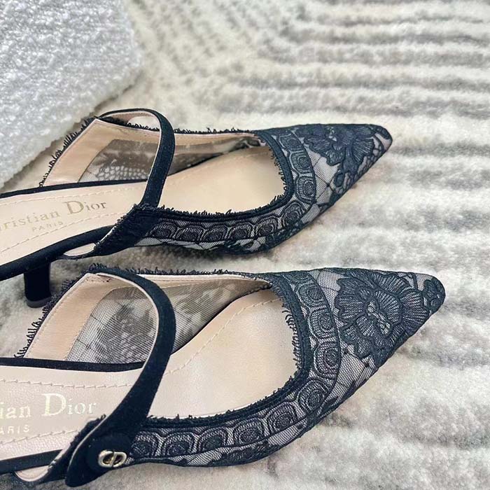 Dior Women Shoes CD Capture Heeled Mule Black Transparent Mesh Suede Embroidered Roses