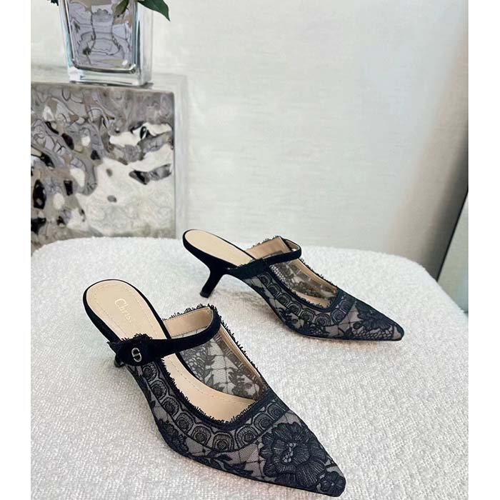 Dior Women Shoes CD Capture Heeled Mule Black Transparent Mesh Suede Embroidered Roses