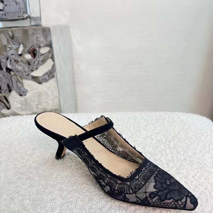 Dior Women Shoes CD Capture Heeled Mule Black Transparent Mesh Suede Embroidered Roses