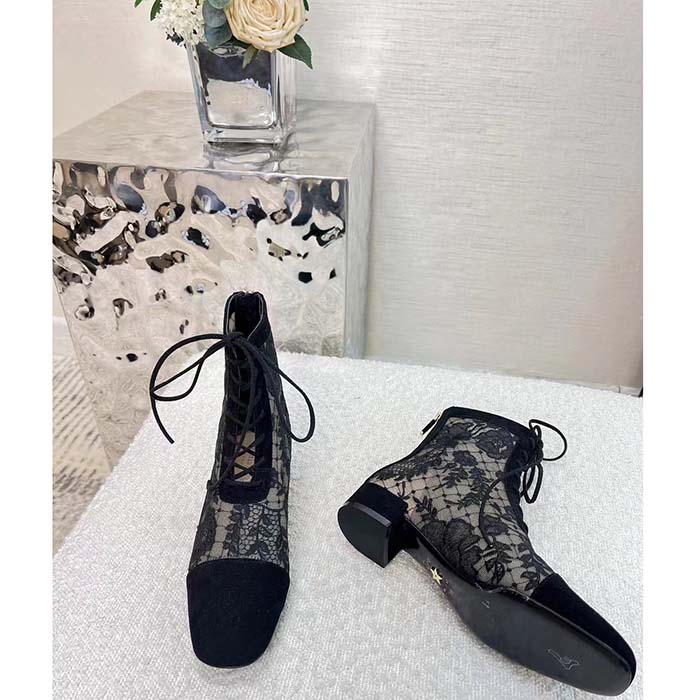 Dior Women Shoes CD Naughtily-D Ankle Boot Black Transparent Mesh Suede Embroidered Roses