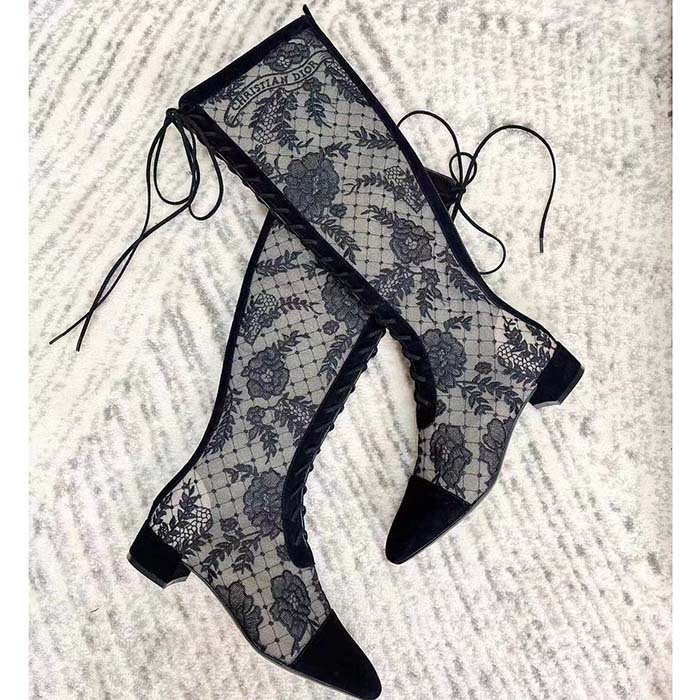 Dior Women Shoes CD Naughtily-D Boot Black Transparent Mesh Suede Embroidered Roses