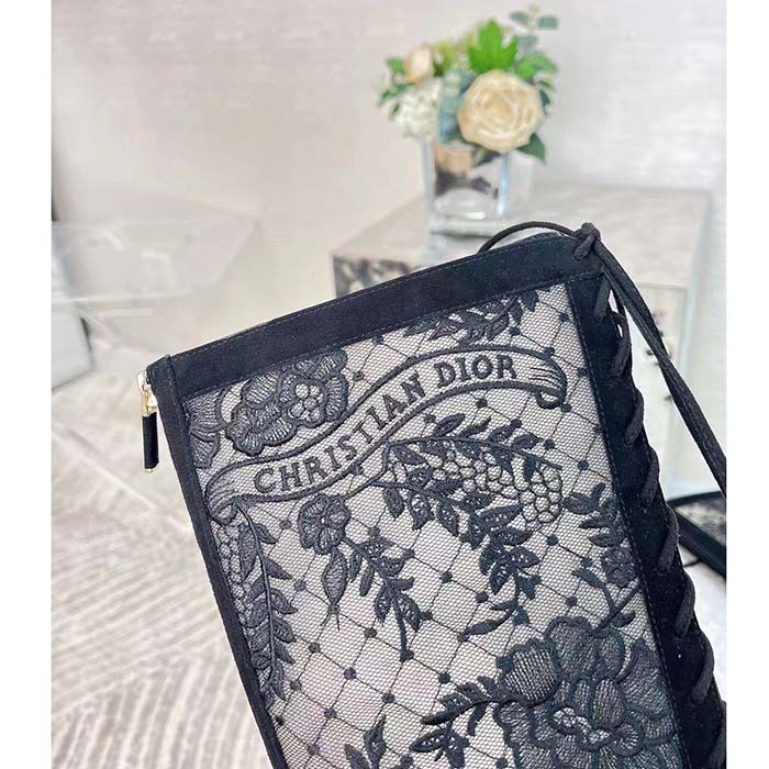 Dior Women Shoes CD Naughtily-D Boot Black Transparent Mesh Suede Embroidered Roses