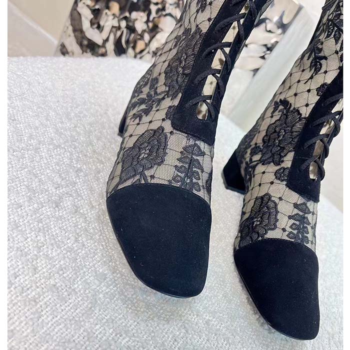 Dior Women Shoes CD Naughtily-D Boot Black Transparent Mesh Suede Embroidered Roses