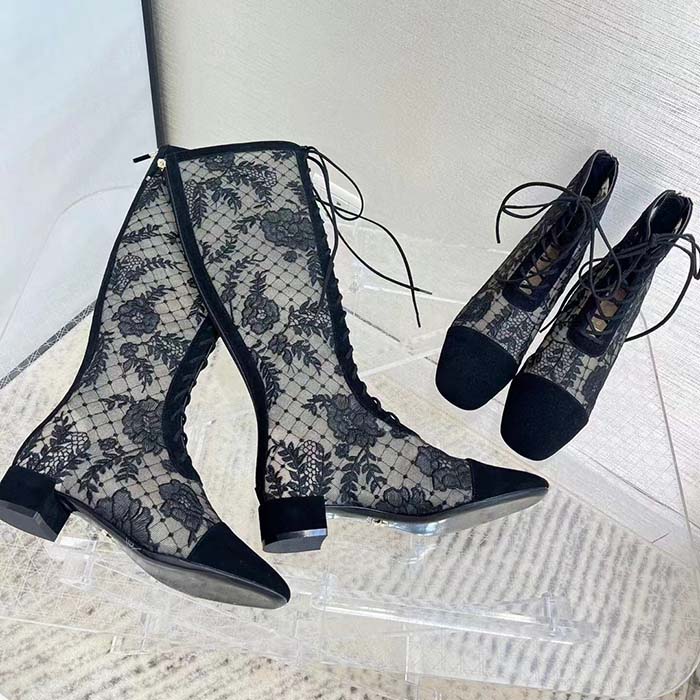 Dior Women Shoes CD Naughtily-D Boot Black Transparent Mesh Suede Embroidered Roses