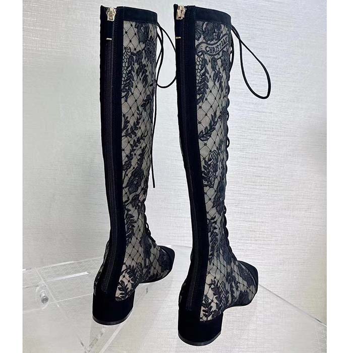 Dior Women Shoes CD Naughtily-D Boot Black Transparent Mesh Suede Embroidered Roses