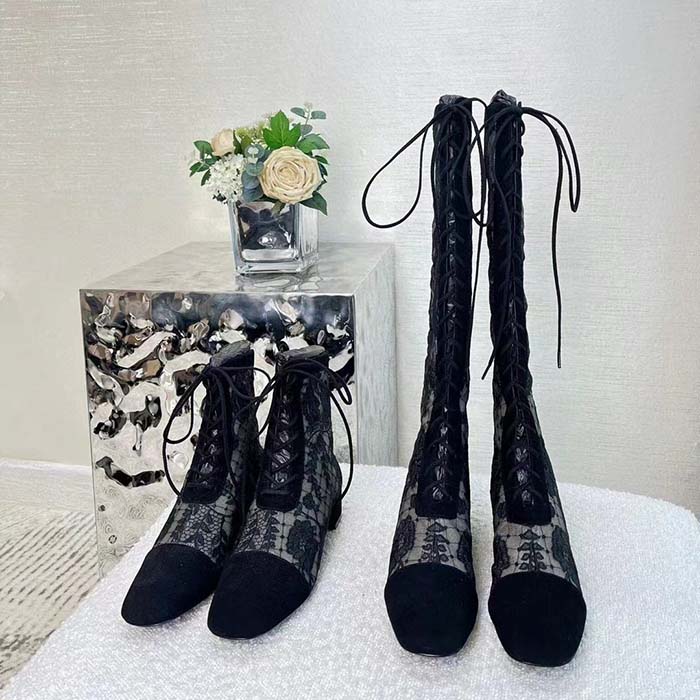 Dior Women Shoes CD Naughtily-D Boot Black Transparent Mesh Suede Embroidered Roses