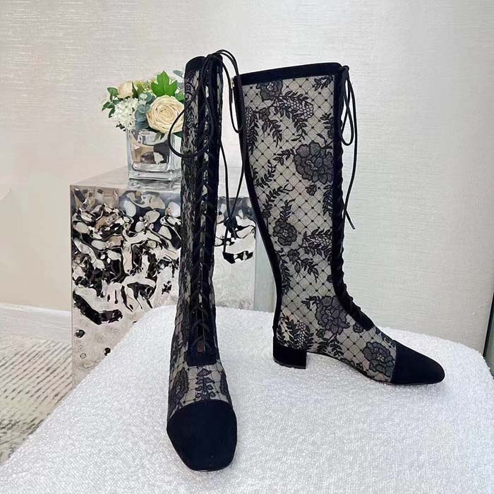 Dior Women Shoes CD Naughtily-D Boot Black Transparent Mesh Suede Embroidered Roses