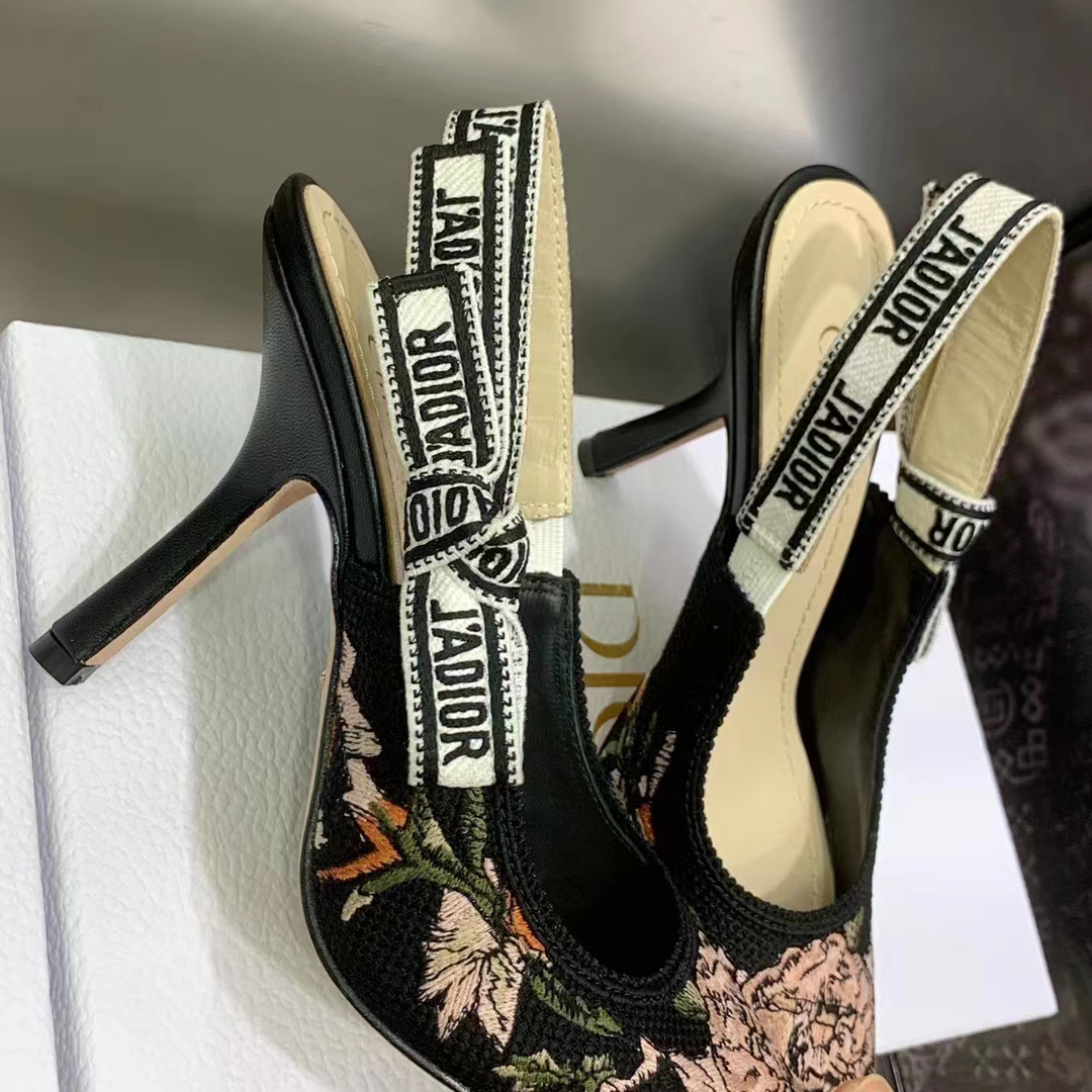 Dior Women Shoes J’Adior Slingback Pump Black Multicolor Cotton Jardin Botanique Embroidery