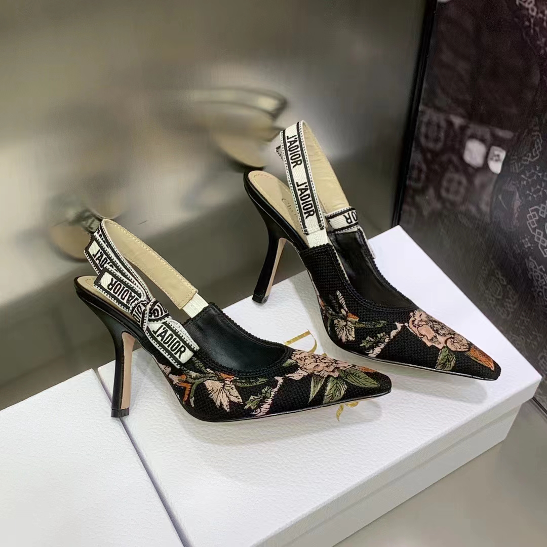 Dior Women Shoes J’Adior Slingback Pump Black Multicolor Cotton Jardin Botanique Embroidery
