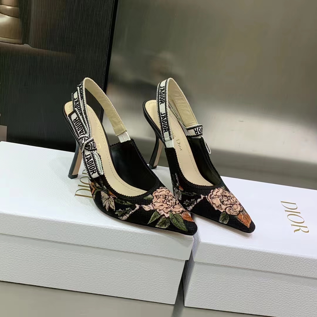 Dior Women Shoes J’Adior Slingback Pump Black Multicolor Cotton Jardin Botanique Embroidery