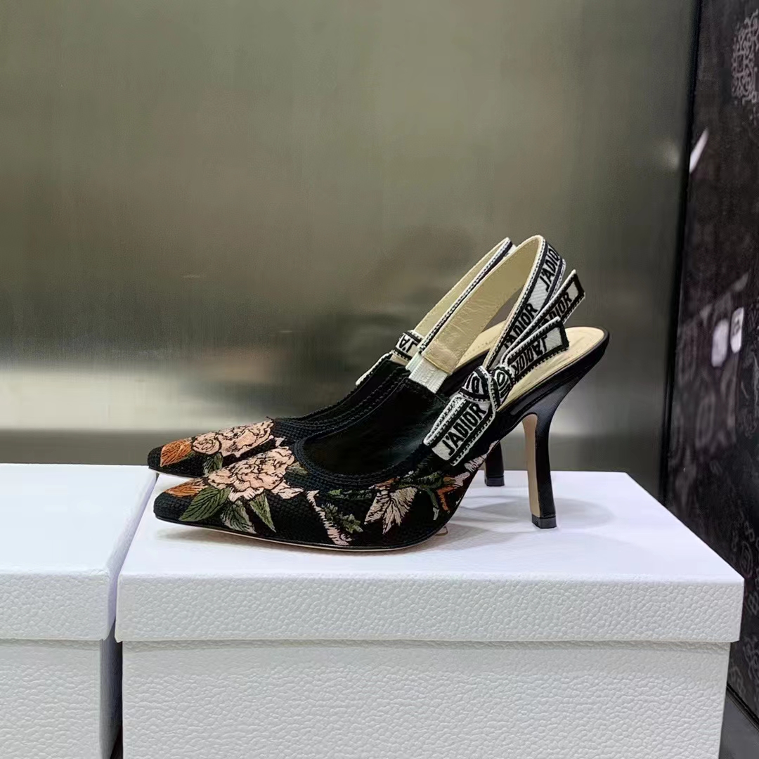 Dior Women Shoes J’Adior Slingback Pump Black Multicolor Cotton Jardin Botanique Embroidery