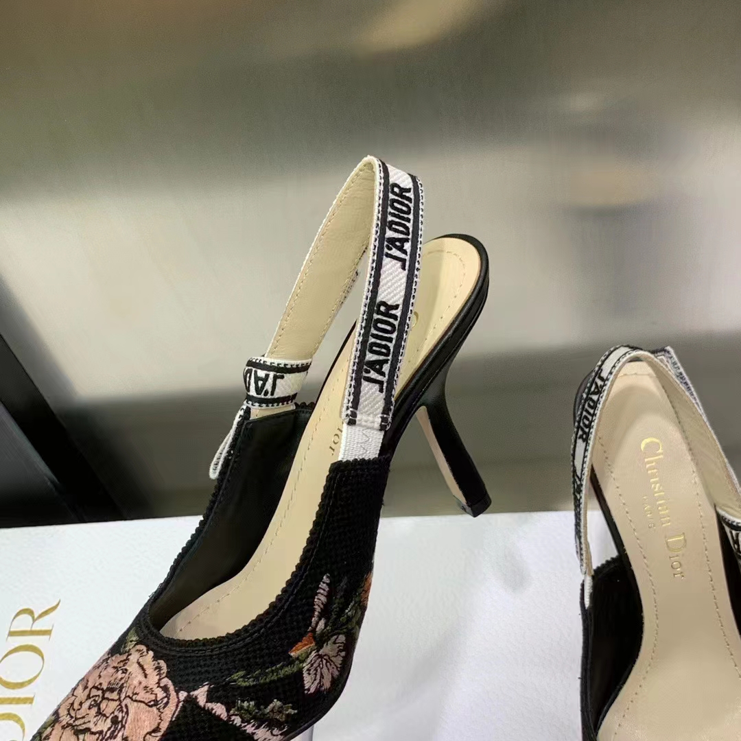 Dior Women Shoes J’Adior Slingback Pump Black Multicolor Cotton Jardin Botanique Embroidery