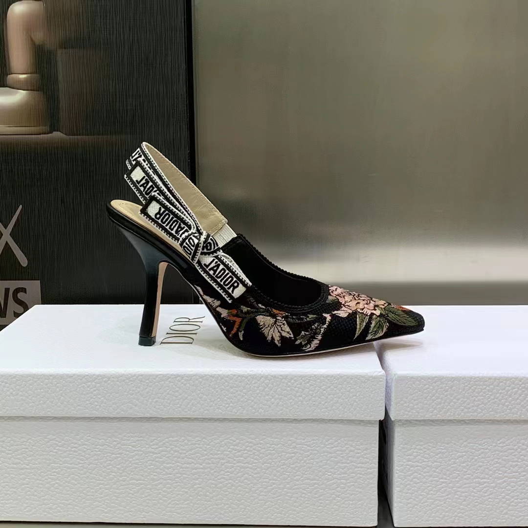 Dior Women Shoes J’Adior Slingback Pump Black Multicolor Cotton Jardin Botanique Embroidery