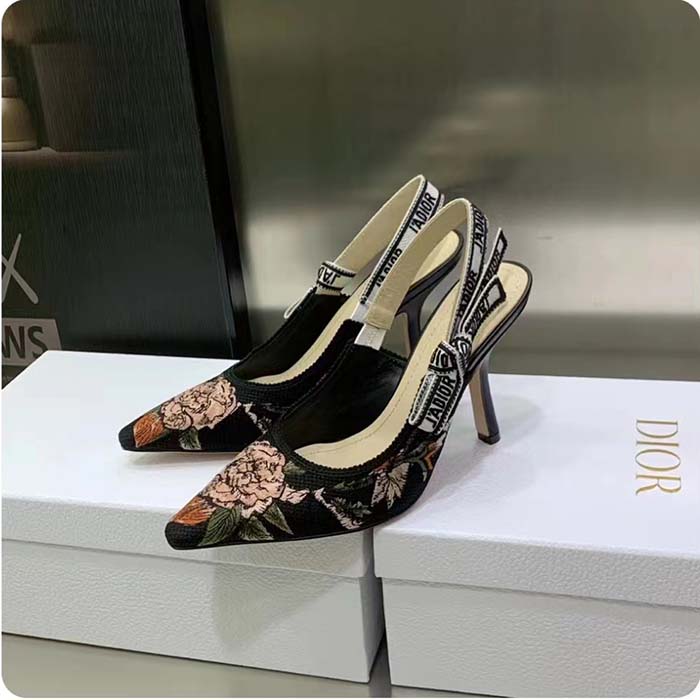 Dior Women Shoes J’Adior Slingback Pump Black Multicolor Cotton Jardin Botanique Embroidery