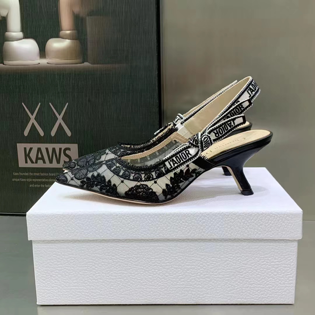 Dior Women Shoes J’Adior Slingback Pump Black Transparent Mesh Embroidered Roses