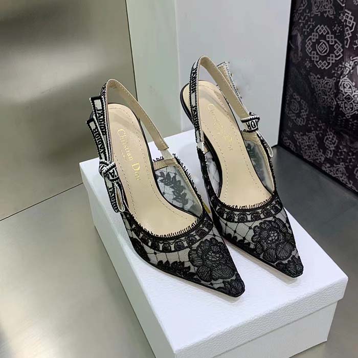 Dior Women Shoes J’Adior Slingback Pump Black Transparent Mesh Embroidered Roses Motif