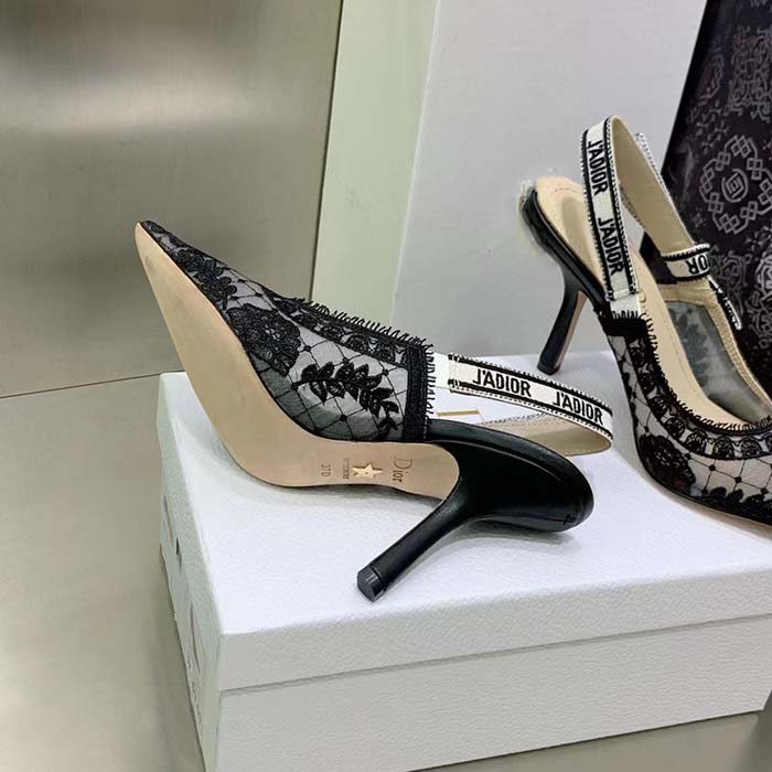 Dior Women Shoes J’Adior Slingback Pump Black Transparent Mesh Embroidered Roses Motif