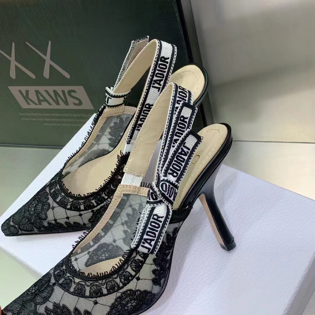 Dior Women Shoes J’Adior Slingback Pump Black Transparent Mesh Embroidered Roses Motif