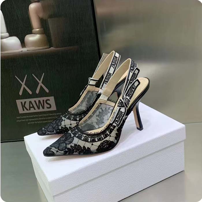 Dior Women Shoes J’Adior Slingback Pump Black Transparent Mesh Embroidered Roses Motif