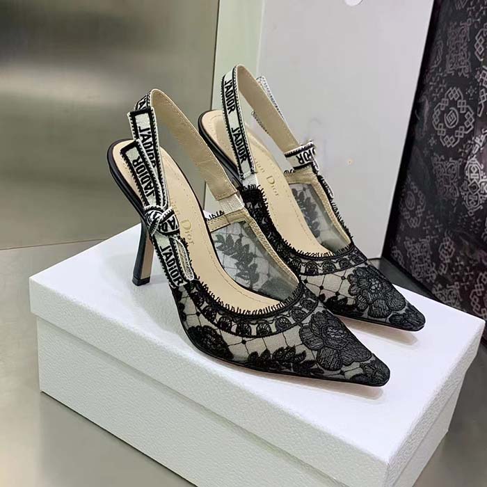 Dior Women Shoes J’Adior Slingback Pump Black Transparent Mesh Embroidered Roses Motif